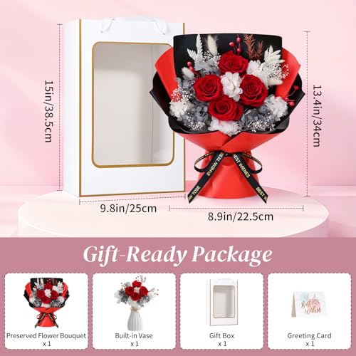 Lewondr Flower for Delivery, Preserved Flowers Bouquet, Red Rose Bouquet with Gift Box, Real Long-Lasting Forever Birthday Flowers Gifts for Wife Girlfriend Mothers Day Anniversary Proposal, White-Red - color: White-Red