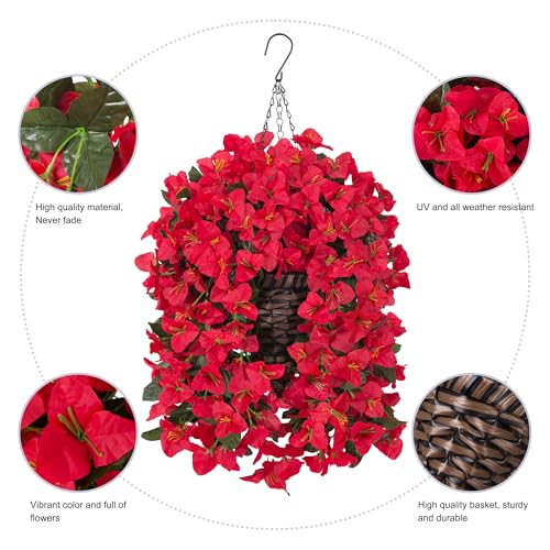 Ivydale Bougainvillea Artificial Hanging Fake Flowers with Basket for Outdoors Decoration, Faux Silk Flowers UV Resistant Fake Plants Long Vines Realistic for Outside Front Door Porch Patio, Red - color: Red
