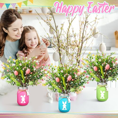 Pickmesh 3 Set Easter Bunny Mason Jars with Pastel Easter Eggs Picks with Artificial Flowers Berries Spring Tabletop Decor Centerpiece for Home Dining Table Holiday Decorations
