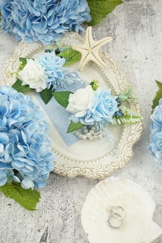 Light Blue Corsage and Boutonniere Set for Wedding Prom, Artificial Rose Flower Wrist Corsage Bracelets, Homecoming Corsage Wristlet, Boutonniere for Men Wedding Suit Decorations - color: Light Blue