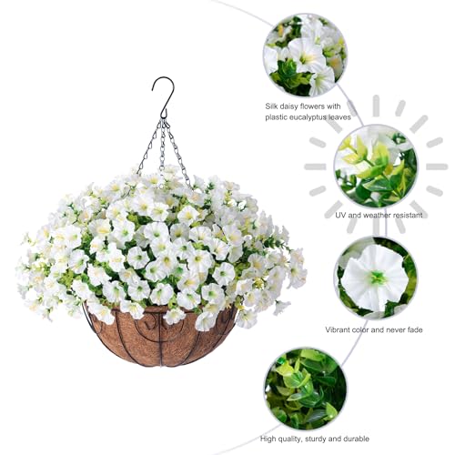 Ivydale Artificial Fake Hanging Flowers Plants Baskets for Outdoor Spring Summer Decoration, Faux Silk White Morning Glory Look Real UV Resistant for Outside Porch Patio Balcony Yard Front Door Garden - color: White