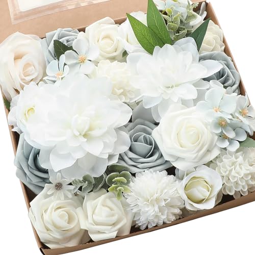 Floroom Powder Blue Ivory Artificial Flowers Fake Roses Dahlias and Greenery Combo Box Set for DIY Wedding Bouquets Bridal Shower Centerpieces Floral Arrangements Party Tables Home Decorations - color: Powder Blue