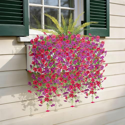 Artificial Fake Hanging Flowers Plants for Outdoor Spring Decoration,3 PCS Faux Silk Daisy with Boston Ferns,UV Resistant Look Real for Outside Home Indoor Planter Porch Patio Balcony Yard Decor - color: Rose Purple