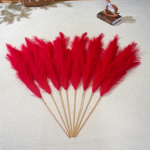 Premium Faux Red Pampas Grass – 43.3" Tall Fluffy Vibrant Decor, 8pcs 18-Branch One-Piece Stems No Assembly, Luxury Silk-Feel Feather Flowers for Valentine's Day Christmas Wedding Home Floor Vase - color: Faux Red, size: 8pcs 43.3"(110cm)