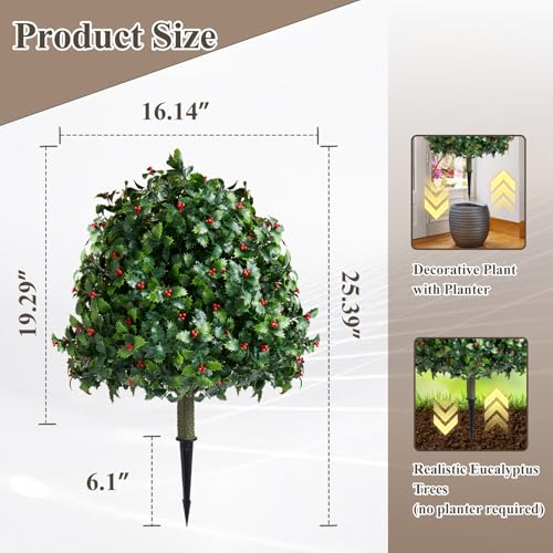 Set of 2 Artificial Holly & Red Berry Topiary Balls, 25" UV-Resistant Faux Evergreen Shrubs with Ground Spikes — Festive Outdoor and Indoor Holiday Décor Plants for Porch, Patio, and Garden - color: 2pcs 25in Christmas Holly With Red Berry
