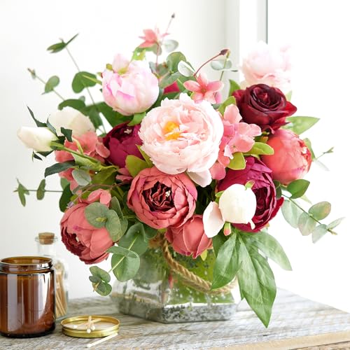 FiveSeasonStuff Country Barn Red Peony Bouquets, 2 Bundles Artificial Silk Flowers with Hydrangeas for Wedding Centerpieces & Home Decor - color: Country Barn Red