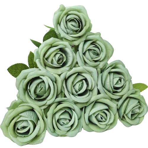 10 PCS Artificial Roses with Long Stems Silk Flowers Realistic Foam Flowers Fake Roses for Valentine's Day Autumn Fall Decor Halloween (Grass Green) - color: Grass Green