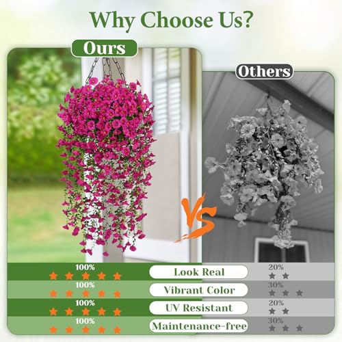 Artificial Hanging Flowers for Outdoors, Fake Hanging Flowers for Decoration, UV Resistant Artificial Outdoor Plants, 2 Pcs Morning Glory for Outdoors Garden Patio Porch Yard Decoration, Fuchsia - color: Fuchsia, size: 2 Pack
