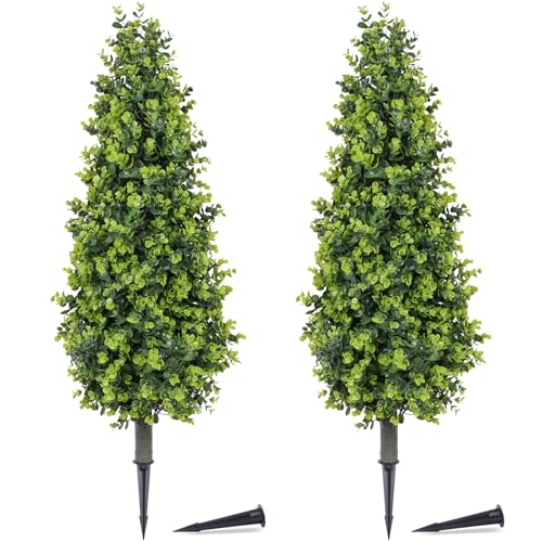 PATIO CHOICE 3ft Artificial Topiary Trees with Ground Spike Set of 2 36" Outdoor Faux Plants Realistic Faux Bushes and Shrubs Decorations for Outdoor Indoor Front Porch Garden - color: Green, size: 3ft