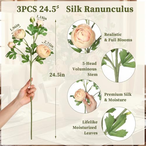 Giegxin 3 Stems Peonies Artificial Flowers Faux Silk Peony Flowers Bouquet 24.5'' Tall Champagne Peonies - Fake Ranunculus Flower for Vases DIY Centerpieces Bridal Shower Wedding Home Decoration