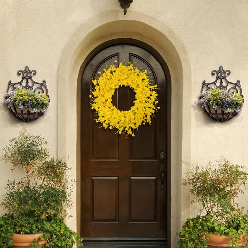 24 Inch Artificial Yellow Forsythia Flower Wreaths, Silk Leaves Paper Floral Wreath for Front Door, Spring Summer Decor, All Season Wreath for Wall Window Farmhouse Wedding Home Decor - color: Yelllow
