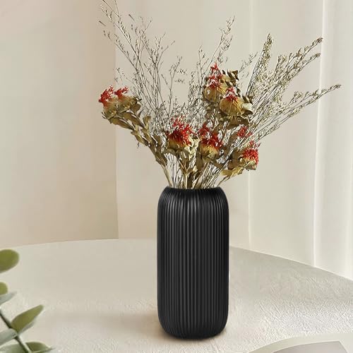 Ceramic Vase for Flowers – Modern Small Ribbed Textured Flower Vase for Home Decor, Pampas Grass, Decorative, Farmhouse, Coffee Table, Kitchen Centerpieces, Bookshelf and Home Living(Matte Black) - color: Matte Black
