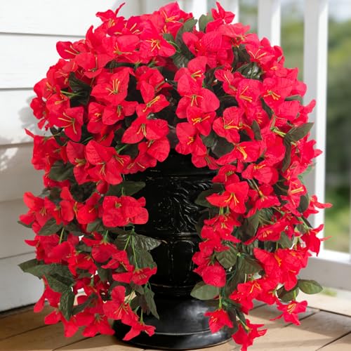 INXUGAO 2 pcs Artificial Faux Bougainvillea Flowers Plants for Outdoor Outside Summer Decoration, Fake Silk UV Resistant Long Trailing Vines for Front Door Porch Planter Balcony - color: Red