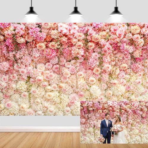 JAWO 7X5ft Pink White Rose Floral Backdrop, 3D Hanging Flower Wall Photography Background for Wedding Bridal Shower, Girls Birthday Baby Shower, Cake Table Decor Photo Booth Studio Props - color: Pink1, size: 7X5