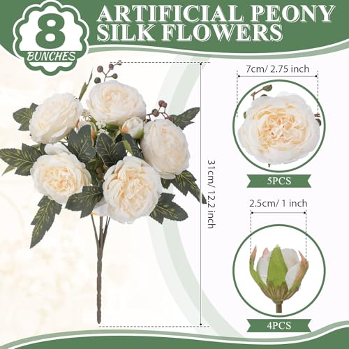 8 Bundles Artificial Peonies Flowers Boho Faux Flowers Arrangements Artificial Centerpiece Spring Bouquet Floral Wedding Decoration for Vase(Milk White) - color: Milk White