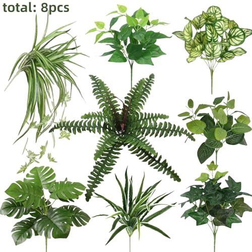 Artificial Plants Faux Greenery for Outdoor Porch Planter, UV Resistant Fake Realistic Large Shrubs Bushes Green Filler for Summer Spring Outside Front Door Patio Decoration, 8 Bundles - color: Green