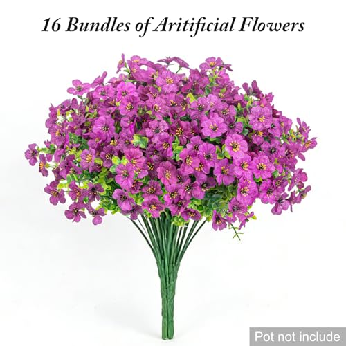Artificial Flowers for Outdoors Decoration for UV Resistant Silk,16 Bundles | Artificial Violet Flowers for Outdoor Decor, Realistic Fake Plants for Porch,Garden,Window Box,All Purple - color: Purple