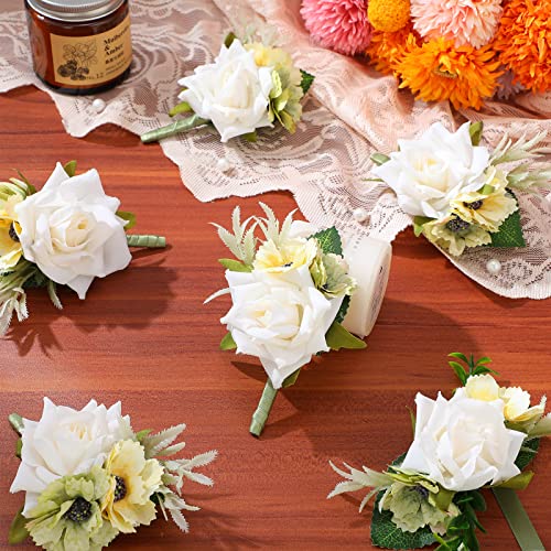 Jexine 12 Pcs Boutonniere and Corsage for Wedding Mother's Day Party Flower Wrist Corsages with Pins for Men Women Groom Bride Groomsmen Prom Ceremony Anniversary Dinner Decor(White) - color: White
