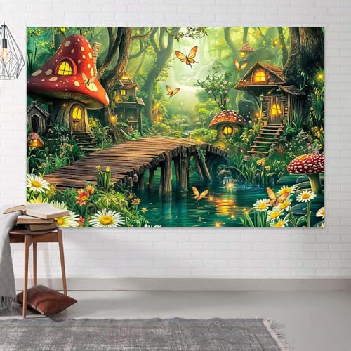 Spring Enchanted Forest Backdrop Green Fairy Tale Mushroom House Wonderland Jungle Photography Background Baby Shower Birthday Party Decorations Banner Photo Booth Props 5X3FT - color: Multi, size: 5X3FT
