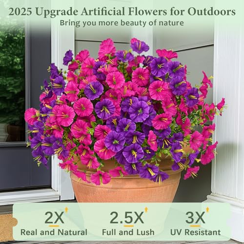 MARTINE MALL 24 Bundles Look Real Artificial Flowers for Outdoors, Realistic Fake Outdoor Flowers, UV Resistant Silk Petunia Flowers for Outside Faux Flowers Plants for Outdoor Porch, Purple+Fuchsia - color: Purple and Fuchsia, size: 24 Bundles