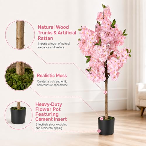 Cherry Blossom Tree 4FT Artificial Plants Indoor - Reinforced Spiral Connection Base & Anti-Shedding Silk Sakura Flowers, Faux Pink Tree for Living Room Home Office Bedroom Decor - color: Cherry Blossom Tree 1p Pink