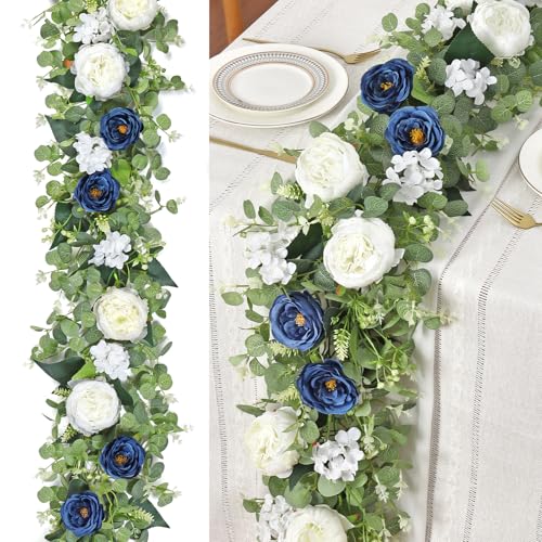 Betylifoy 2 Pack 6.2Ft Blue White Flower Garland Artificial Eucalyptus Flower Garlands Fake Peony Rose Floral Vines Silk Hydrangea Hanging Vine Greenery Garland for Wedding Party Table Backdrop Decor - color: Blue&white