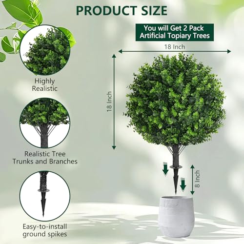 2 Pack 25" Artificial Eucalyptus Topiary Ball Tree for Outdoors Faux Evergreen Shrubs Plants with Ground Spike UV Resistant Fake Bushes Ball Trees for Outdoor Indoor Home Porch Patio Decoration - color: Eucalyptus