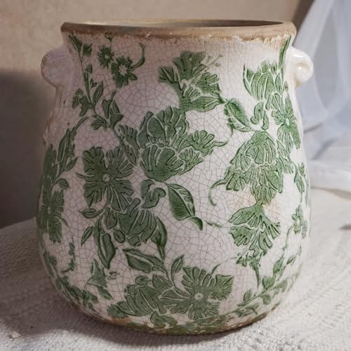 Vintage Ceramic Vase with Green Floral Pattern, White and Green, Crackle Glazed Finish, Decorative Garden Design (Large - Belly Jar with Drainage Hole) - size: Large - Belly Jar with Drainage Hole