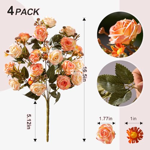 Artificial Rose Flowers for Outdoor 4 Bundles Rose Bouquet with Daisy Faux Flowers UV Resistant for Home Indoor Outside Garden Porch Window Box Balcony Yard Porch Fall Decor (Orange) - color: Orange