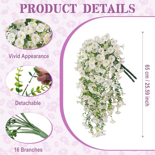 Artificial Hanging Petunias Flowers for Outdoor, 2pcs Fake Plants Long Vine Morning Glory Eucalyptus, UV Resistant Realistic Faux Greenery Indoor Outside Patio Porch Garden Spring Summer Decor, White - color: White