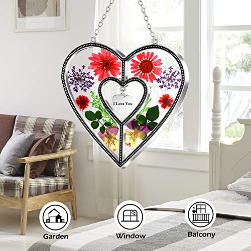 KY&BOSAM Heart Suncatcher Real Pressed Dried Flower Ornament Zinc Alloy Hanging Sun Catchers with I Love You Charm Tag Handmade Preserved Flower Window Wall Decor Sentimental for Mom - color: I Love You, size: I Love You