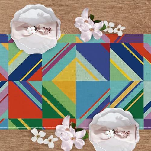 Colorful Geometric Dining Table Runner, Multicolor Triangle Abstract Modern Art Burlap Kitchen Decoration, Minimalism Indoor Outdoor Home Decor Party Supply 13 x 72 Inches - color: Colorful Geometric, size: Table Runner 13''X72''