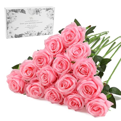 Pink Fake Roses Artificial Flowers - 16 Pcs Fake Artificial Roses Silk Flowers with Stems for Home Wedding Hotel Office Centerpiece Decor - color: Pink, size: 16 Pcs