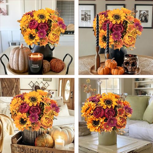3Pcs Artificial Fall Flowers Faux Mums Sunflower Burgundy Fake Peony Silk Rose Hydrangea Flower for DIY Wedding Bridal Bouquet,Thanksgiving Party Table Centerpieces,Autumn Arrangement Vase Decoration - color: Fall