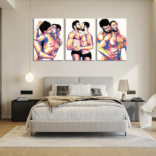 Sexy Men Gay Wall Art Canvas Paintings Colorful Nordic Sexy Home Wall Decoration Poster Gift for Lovers Friends Wooden Inner Framed Ready to Hang-20x28 inch x 3pcs - color: Art08, size: 20x28x3pcs