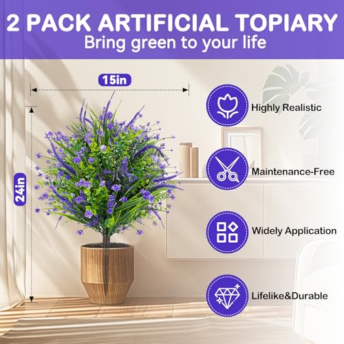Artificial Boxwood Topiary Ball Trees with Ground Spikes UV Resistant Faux Greenery Shrubs Fake Shrubs for Outdoors, Realistic Faux Plants Bushes for Garden Porch Yard Patio Decor (Purple Flower) - color: Purple Flower