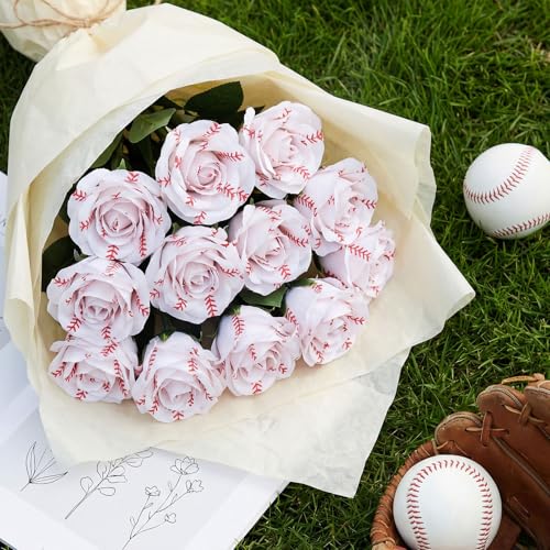 Suhine 12 Pcs Artificial Baseball Rose Flowers Sports Party Favors Bulk for Birthday Graduation Wedding Party Decorations Table Centerpieces Game Prizes Senior Night Gifts (Baseball Color, Large) - color: Baseball Color, size: Large