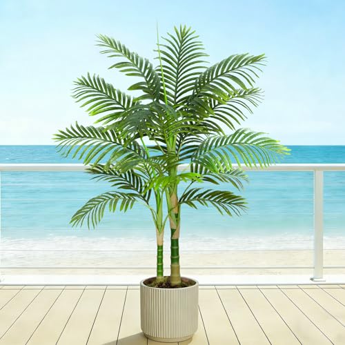 Artificial Palm Tree Indoor Plant Tall Fake Tropical Palm Tree in Pot with Real Bark Design Faux Areca Palm Tree for Home Office Living Room Bedroom Farmhouse Modern Outdoor Decor (13 Leaves 4 FT) - color: Black, size: 4FT
