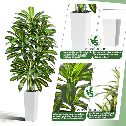 Artificial Dracaena Tree - 7FT Tall Fake Plants with White Tall Planter - Artificial Plants Indoor Floor Plant in Pot - Large Tropical Fake Yucca Potted Tree for Home Office Living Room Decor - color: White, size: 7 FT
