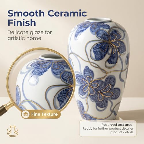 Blue and White Ceramic Vase for Home Decor – Hand-Painted Porcelain Flower Vase with Gold Accents – Chinoiserie-Inspired Home Decor Vases – 9" for Table, Shelf, or Mantel - size: 9"