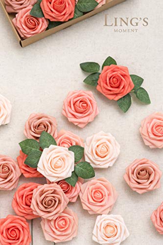 Ling's moment Artificial Flowers, 25Pcs 3" Roses in Coral Shades, Realistic DIY Foam Floral Decor for Wedding Bouquets/Centerpieces, Outdoor Party Backdrops, Room/Table, and Garden/Pot Decorations - color: Shades of Coral, size: 25Pcs