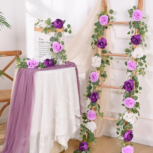 Livole 6FT Artificial Flower Garland Real Touch Fake Purple Floral Rose Peony Garland with Eucalyptus Flower Hanging Vine for Wedding Table Centerpieces Backdrop Party Arch Home Decorations - color: Purple, size: 1 Pc