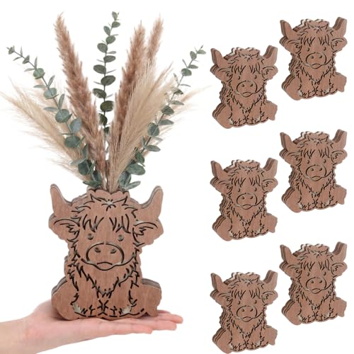 LemonRoad Wooden Cowboy Boot Vases for Wedding Small Cowboy Boot Flower Vase for Flower Faux Greenery Rustic Western Decor for Table Centerpiece Weddings Party (Highland Cattle,Brown,6 Pcs) - color: Brown, size: Highland Cattle