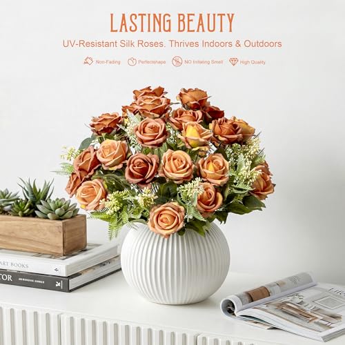 Fake Roses Burnt Orange Roses Artificial Roses Silk Roses Artificial Roses with Stems 24 Full Flower Heads Faux Roses for Outdoor Indoor Centerpieces home Wedding Farmhouse Decoration No Vase(4PCS) - color: Burnt Orange 4pcs