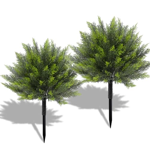 Bdor 24" Artificial Cedar Topiary Bush with Ground Stake, UV Resistant Fake Cedar Shrubs for Outdoors, Weatherproof Faux Greenery Plants for Garden, Patio, Yard, 2 Pack - style: cedar