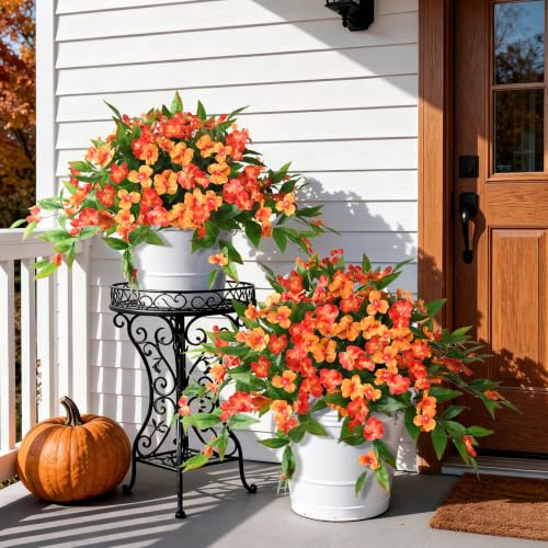 Hommyea Fall Artificial Flowers for Outdoor Fall Decor, 2 Bundles Fake Flowers UV Resistant Faux Silk Flowers No Fade Plastic Flowers for Outside Planters Home Porch Patio Yard Garden Decor - color: Orange,autumn Sunset Red