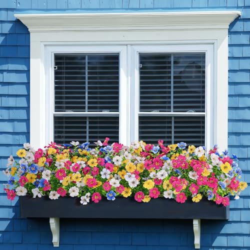Bassion Artificial Flowers for Outdoors, 16 Bundles UV Resistant Fake Flowers Realistic Silk Faux Plants for Outdoor Planter Window Box Porch Patio Garden Home Outside Decorations - color: Fuchsia Blue Yellow White