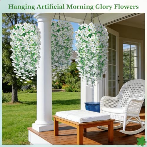 Artificial Hanging Flowers for Outdoors, 6Pcs UV Resistant Morning Glory Vines Fake Flowers with Eucalyptus, Realistic Silk Faux Hanging Plants Decor for Outside Planter Porch Patio (White) - color: White