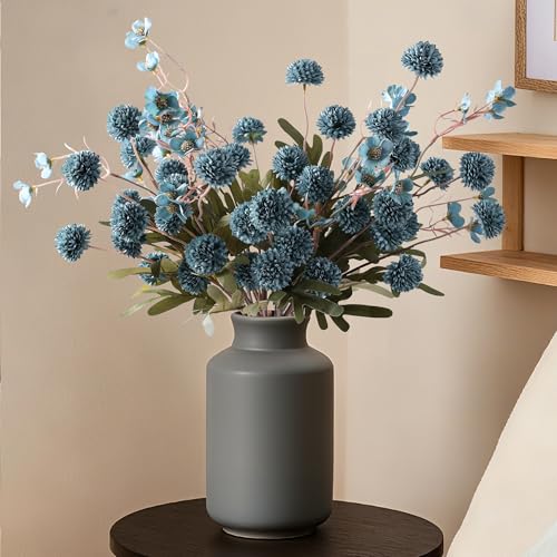 HyeFlora Fake Kiku Flowers, Faux Silk Pompon Mums Artificial Flowers, Chrysanthemum Stems Floral Arrangement Dried Flowers Vintage Decorative Indoor Home Decor Blue with Wax (Vase not Included) - color: 8pcs-blue Wax&kiku