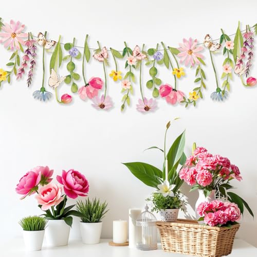 Butterfly Banner Wildflower Party Decorations Paper Flower Leaves Banner Butterfly Garland for Wall Decoration Spring Baby Shower Wedding Backdrop Decorations - color: Butterfly